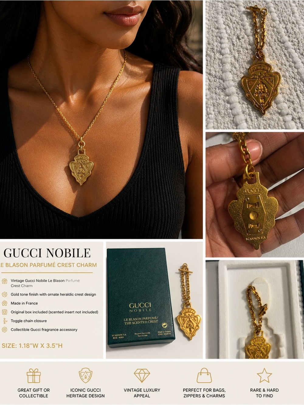 Vintage Gucci Nobile Le Blason Parfumé Crest Charm Gold Tone France w/ Box 3.5"